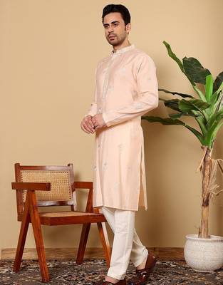 Beige viscose embroidered kurta pajama for mens 3
