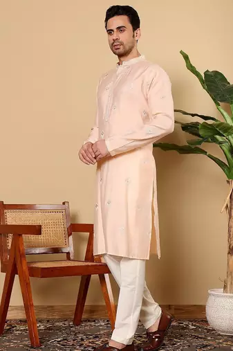 Beige viscose embroidered kurta pajama for mens