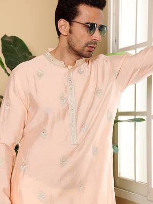 Beige viscose embroidered kurta pajama for mens 4