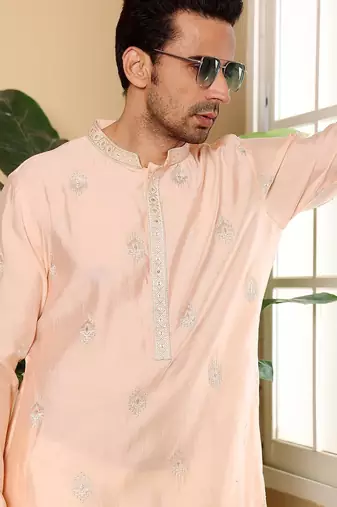 Beige viscose embroidered kurta pajama for mens
