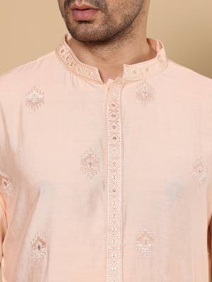 Beige viscose embroidered kurta pajama for mens 5