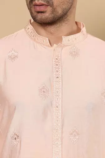 Beige viscose embroidered kurta pajama for mens