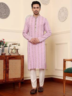 Pink cotton embroidered kurta pajama for mens 1