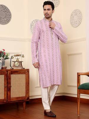 Pink cotton embroidered kurta pajama for mens 2
