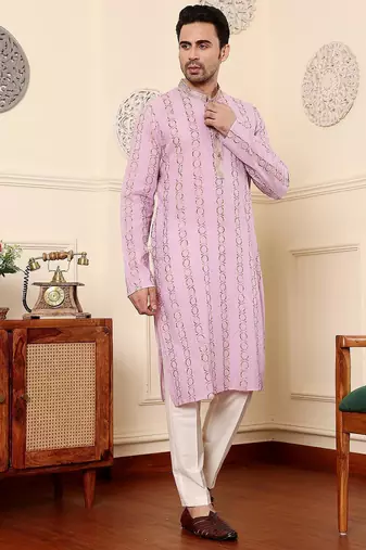 Pink cotton embroidered kurta pajama for mens