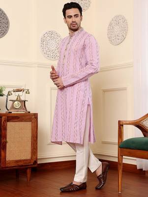Pink cotton embroidered kurta pajama for mens 3