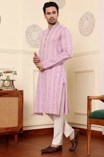 Pink cotton embroidered kurta pajama for mens