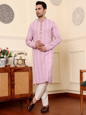 Pink cotton embroidered kurta pajama for mens 4