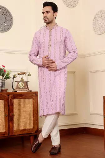 Pink cotton embroidered kurta pajama for mens