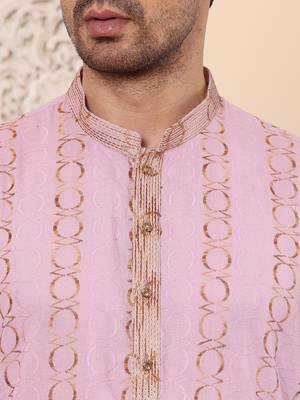 Pink cotton embroidered kurta pajama for mens 5