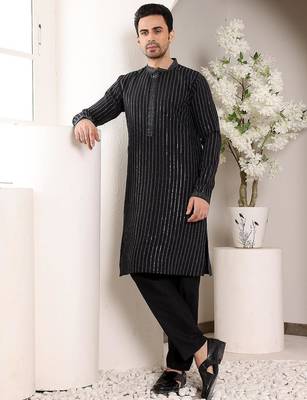 Black viscose embroidered kurta pajama for mens 1