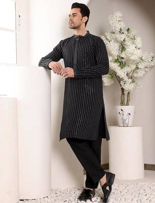 Black viscose embroidered kurta pajama for mens 2