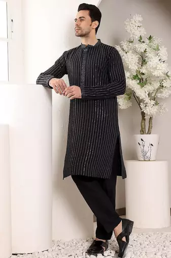 Black viscose embroidered kurta pajama for mens