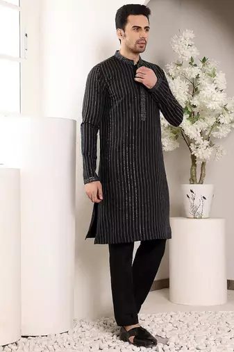 Black viscose embroidered kurta pajama for mens