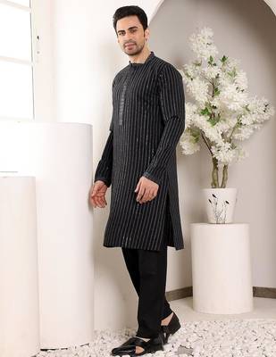 Black viscose embroidered kurta pajama for mens 4