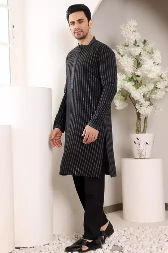 Black viscose embroidered kurta pajama for mens