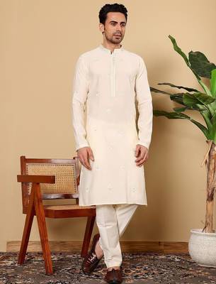 Beige viscose embroidered kurta pajama for mens 1