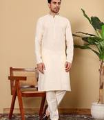 Beige viscose embroidered kurta pajama for mens