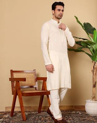 Beige viscose embroidered kurta pajama for mens 2