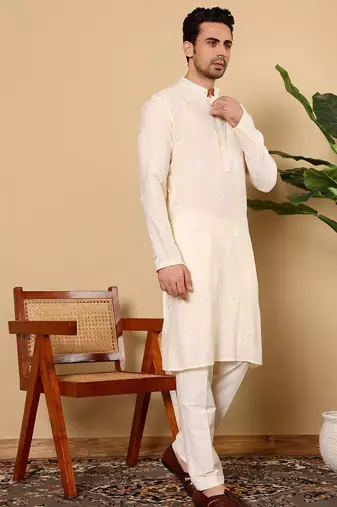 Beige viscose embroidered kurta pajama for mens