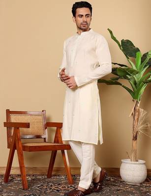 Beige viscose embroidered kurta pajama for mens 3