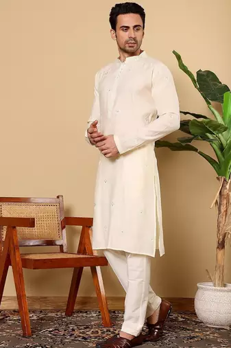 Beige viscose embroidered kurta pajama for mens