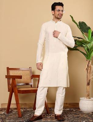 Beige viscose embroidered kurta pajama for mens 4