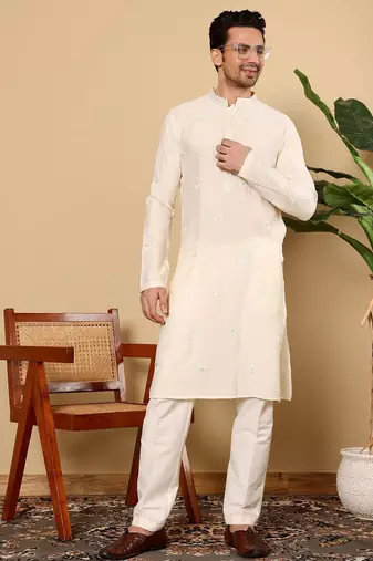 Beige viscose embroidered kurta pajama for mens