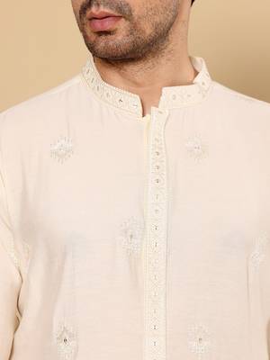 Beige viscose embroidered kurta pajama for mens 5