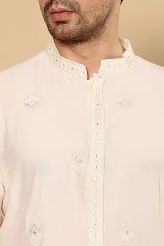 Beige viscose embroidered kurta pajama for mens