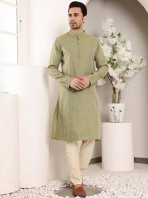 Green viscose embroidered kurta pajama for mens 1