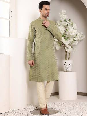 Green viscose embroidered kurta pajama for mens 2