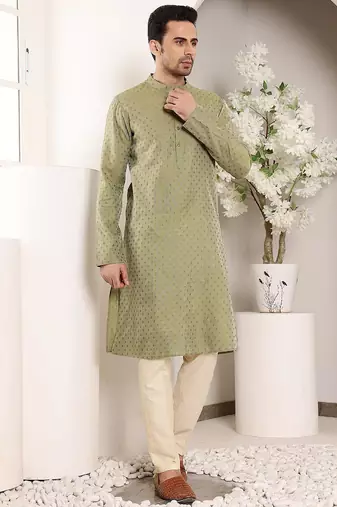 Green viscose embroidered kurta pajama for mens