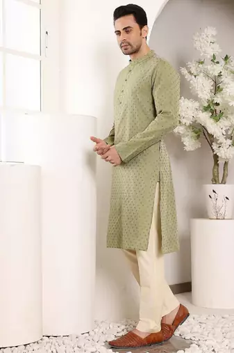 Green viscose embroidered kurta pajama for mens