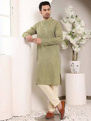 Green viscose embroidered kurta pajama for mens 4