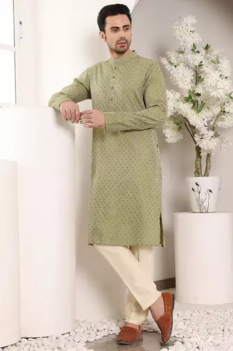 Green viscose embroidered kurta pajama for mens