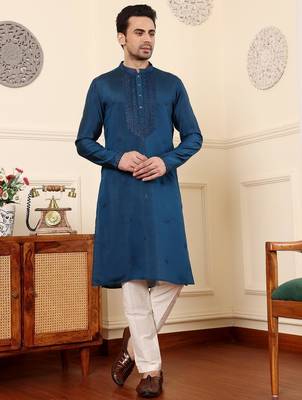 Blue viscose embroidered kurta pajama for mens 1