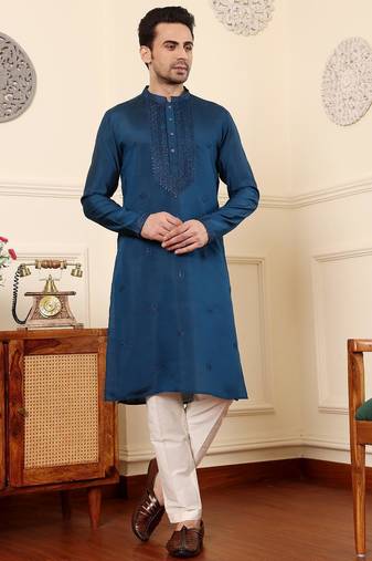 Blue viscose embroidered kurta pajama for mens