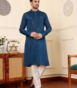 Blue viscose embroidered kurta pajama for mens