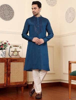 Blue viscose embroidered kurta pajama for mens 2