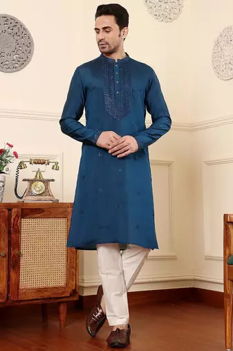 Blue viscose embroidered kurta pajama for mens
