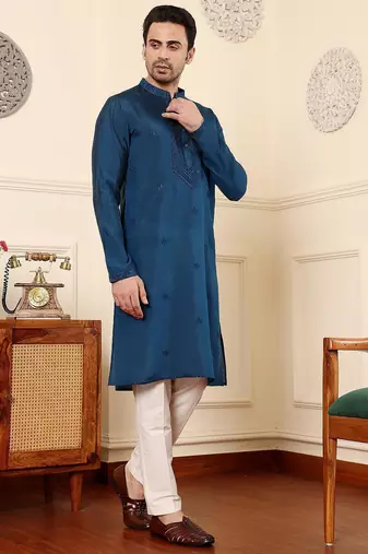 Blue viscose embroidered kurta pajama for mens