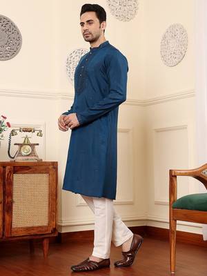 Blue viscose embroidered kurta pajama for mens 4
