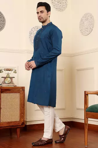 Blue viscose embroidered kurta pajama for mens