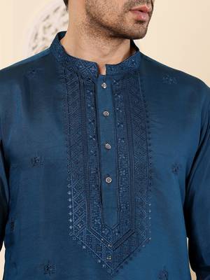 Blue viscose embroidered kurta pajama for mens 5