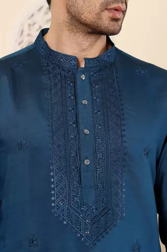 Blue viscose embroidered kurta pajama for mens