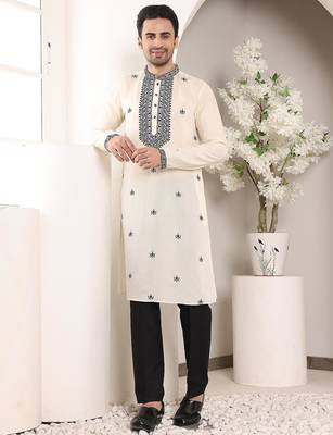 White viscose embroidered kurta pajama for mens 1
