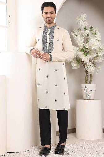White viscose embroidered kurta pajama for mens