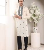 White viscose embroidered kurta pajama for mens