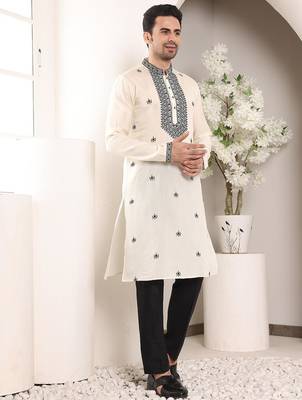 White viscose embroidered kurta pajama for mens 2